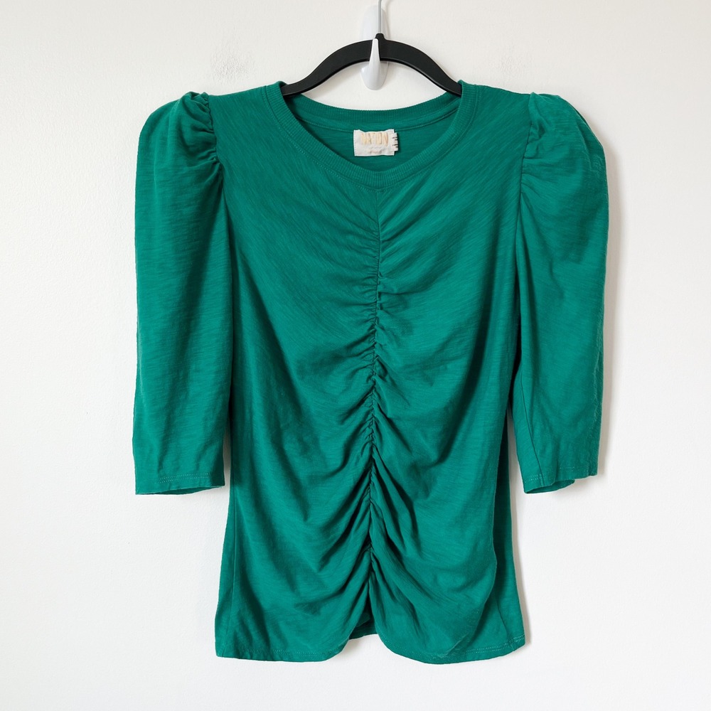 Nation LTD Puff Shoulder Elbow Sleeve Center Ruched Top Pima Green Womens Small